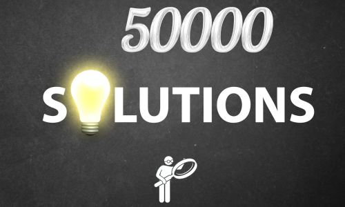 Les mots « 50 000 solutions » écrits en blanc sur un fond noir avec une loupe.