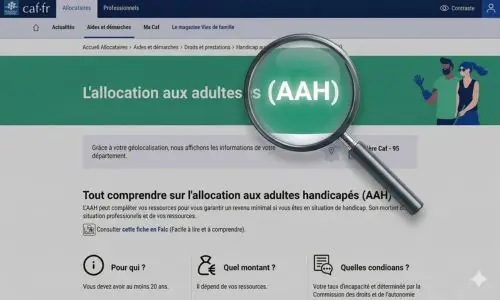 Site de la CAF avec une loupe sur le mot &laquo;&nbsp;AAH&nbsp;&raquo;