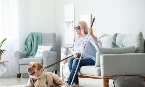 Une femme aveugle tient son chien guide en laisse dans une salle d’attente.