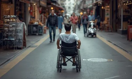 Homme en fauteuil roulant de dos, dans une rue commer&ccedil;ante