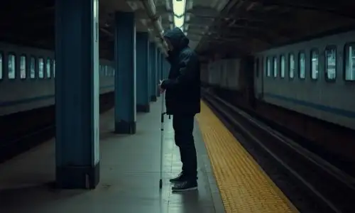 homme aveugle sur quai de m&eacute;tro
