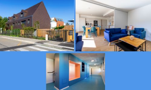 Des images du logement inclusif. Une maison en brique et un intérieur bleu.