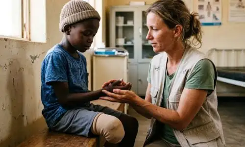 enfant amput&eacute; tenant doucement la main d'une humanitaire internationale