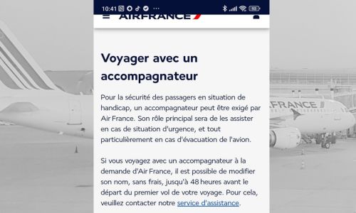 Rubrique « Voyager avec un accompagnateur » sur le site d’Air France.