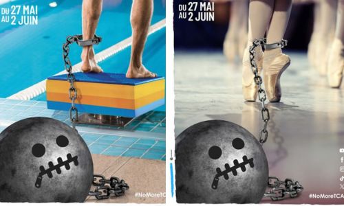 2 affiches avec un pied de sportif enchaîné à un boulet tête de mort
