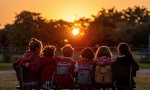 &eacute;coliers sur un banc d'&eacute;cole de dos