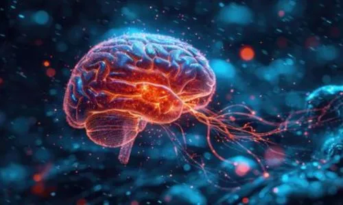 Forme lumineuse de cerveau humain sur un fond sombre.