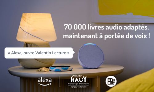 Lampe de chevet avec, à côté, l’enceinte connectée « Alexa ».