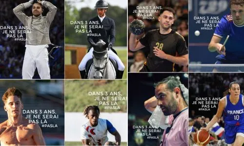 8 portraits d’athlètes avec le message « Dans 3 ans je ne serai pas là ».