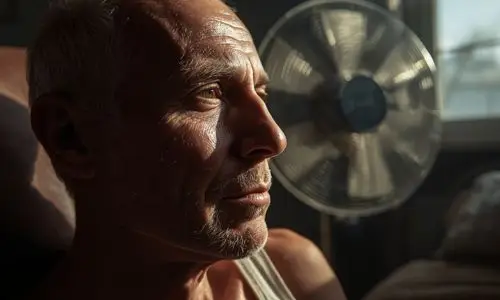 Un homme accabl&eacute; par la chaleur dans un appartement o&ugrave; tourne un ventilateur.