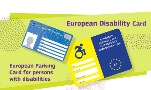 Projet des 2 cartes européennes du handicap sur fond jaune et bleu