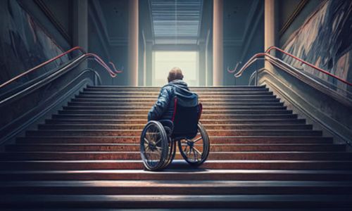 Photo de dos d’un homme en fauteuil roulant au milieu d’un escalier.