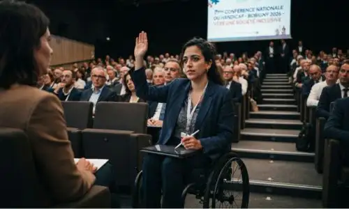 une femme en fauteuil roulant s'exprime lors de la CNH