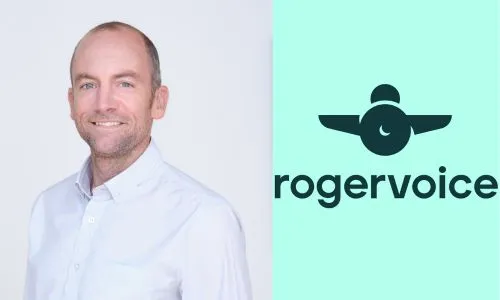 Portrait d'Olivier Jeannel à gauche du logo de Rogervoice.