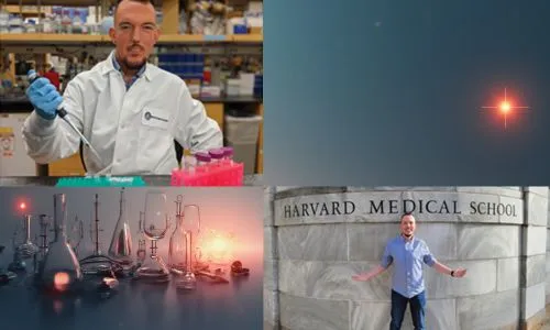 2 photos : Matthias Lambert dans un labo et devant Harvard.