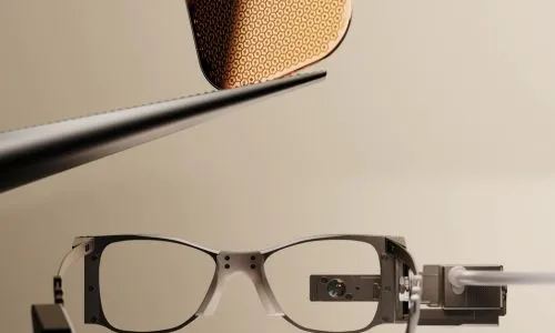 l&rsquo;implant Prima est maintenu entre une pince &agrave; &eacute;piler et des lunettes.
