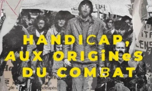 Photo en noir et blanc des militants des années 70 avec le titre du docu.