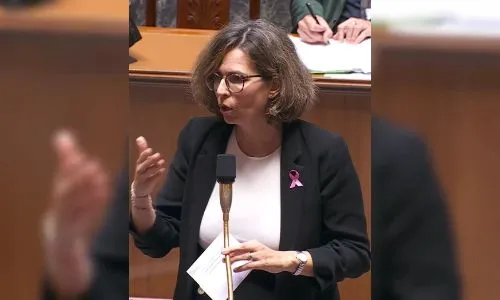 Camille Galliard-Minier r&eacute;pondant, au micro au sein de l&rsquo;h&eacute;micycle de l&rsquo;Assembl&eacute;