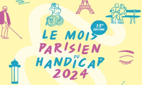 Affiche du Mois parisien du handicap avec, notamment, la Tour Eiffel et des PMR.