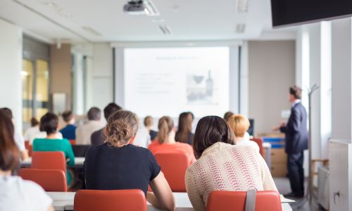 Des étudiants de dos assistent à un cours.