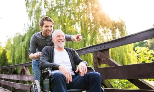 Un senior en fauteuil roulant poussé par son fils qui pointe l’horizon du doigt.
