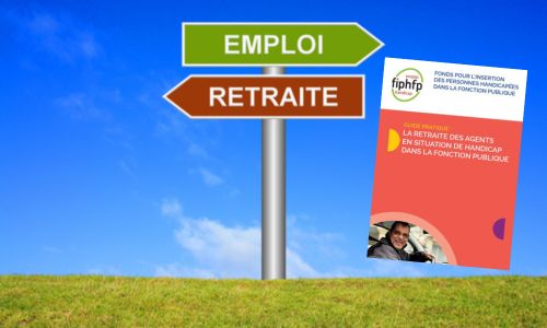 Couverture du guide, à côté de panneaux de direction « emploi » et « retraite »