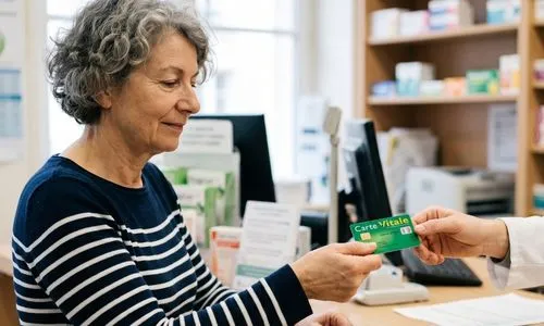 Patiente qui tend sa carte vitale &agrave; un professionnel de sant&eacute;