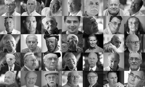 Patchwork de 35 portraits de «gueules cassées» en noir et blanc.