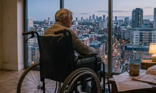 homme en fauteuil roulant seul devant sa fen&ecirc;tre