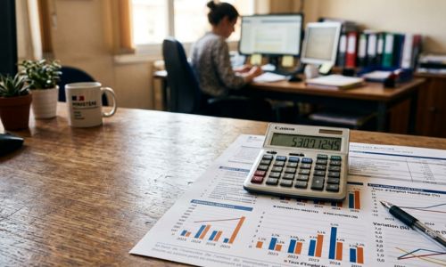 calculatrice,  graphiques financiers sur un bureau