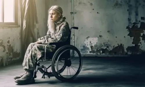 Une jeune femme en fauteuil roulant dans un immeuble décrépit et abandonné.