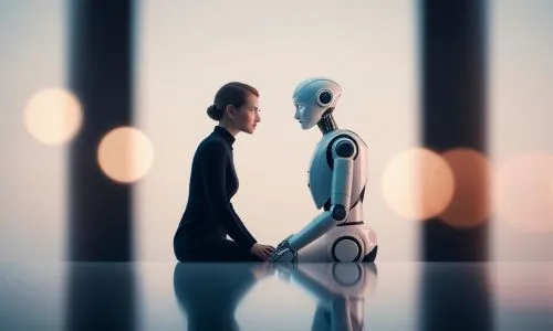 Femme faisant face &agrave; un robot