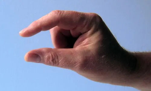Une main fait un signe de « petit » avec son pouce et son index.