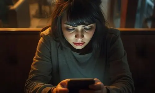 Femme qui regarde son t&eacute;l&eacute;phone, pr&eacute;occup&eacute;e par ce qu'elle voit &agrave; l'&eacute;cran.