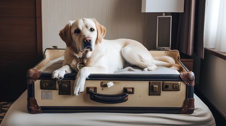 Un Labrador blanc posé sur une valise.