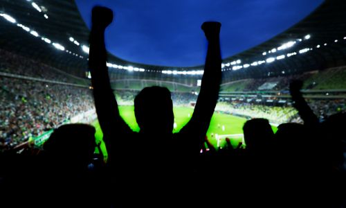 Des supporters, de dos, lèvent les bras lors d’un match de football.