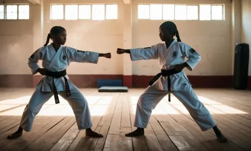 Deux adolescentes noires font du taekwondo face à face.
