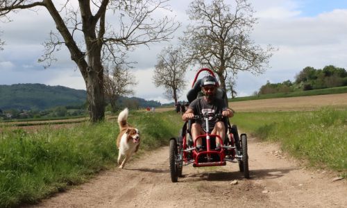 Un homme conduit un fauteuil tout terrain sur un sentier avec son chien.