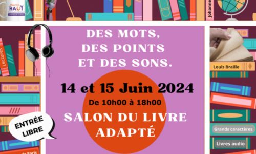 Affiche du salon du livre adapté avec les horaires et des dessins de livres.