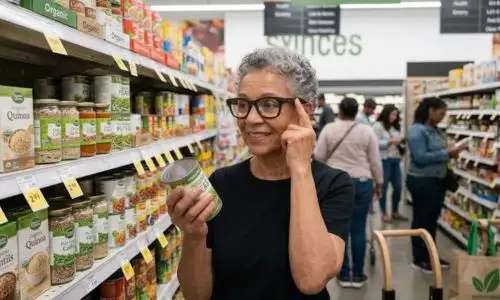 une femme porte des lunettes avec IA dans un supermarch&eacute;