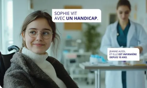 Affiche avec Sophie, jeune fille en fauteuil roulant, et Jeanne, son infirmière.