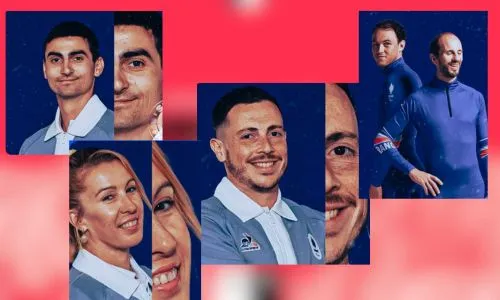 Portrait de plusieurs athl&egrave;tes sur fond rouge