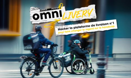 Un livreur en fauteuil roulant dépasse un livreur à vélo.