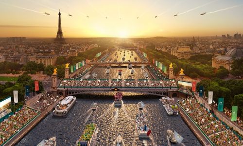 Photo de synthèse de la Seine bordée par des spectateurs lors des JO.