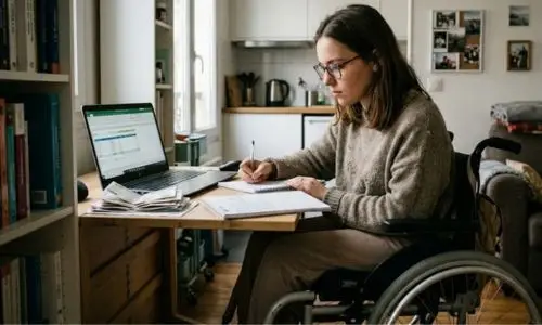 &Eacute;tudiante en situation de handicap travaillant &agrave; domicile