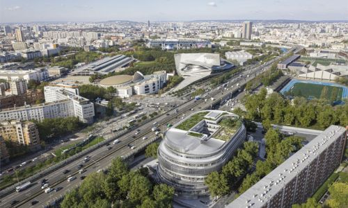 Illustration de la future Cité universelle face à la Philharmonie de Paris