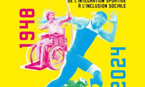 Affiche de l’expo : homme doté d’une lame de course, tireuse à l’arc en fauteuil