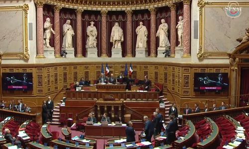 Photo du Sénat à Paris, velours rouge et statues de marbre.