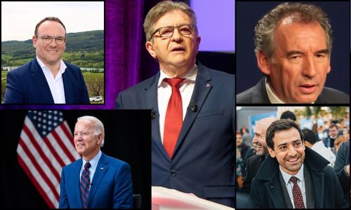 Montage photo de Mélenchon, Biden, Séjourné et Bayrou.