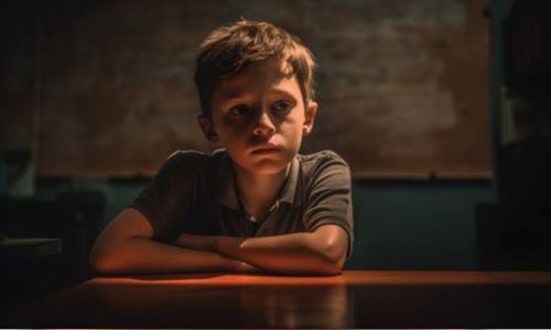 Un enfant seul à table, le regard dans le vide.